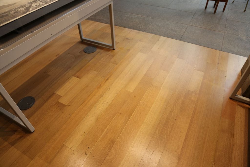 While most of the museum has been repaired since the break in, dents and marks on the wood floor remain as testiment to the robbers' presence.