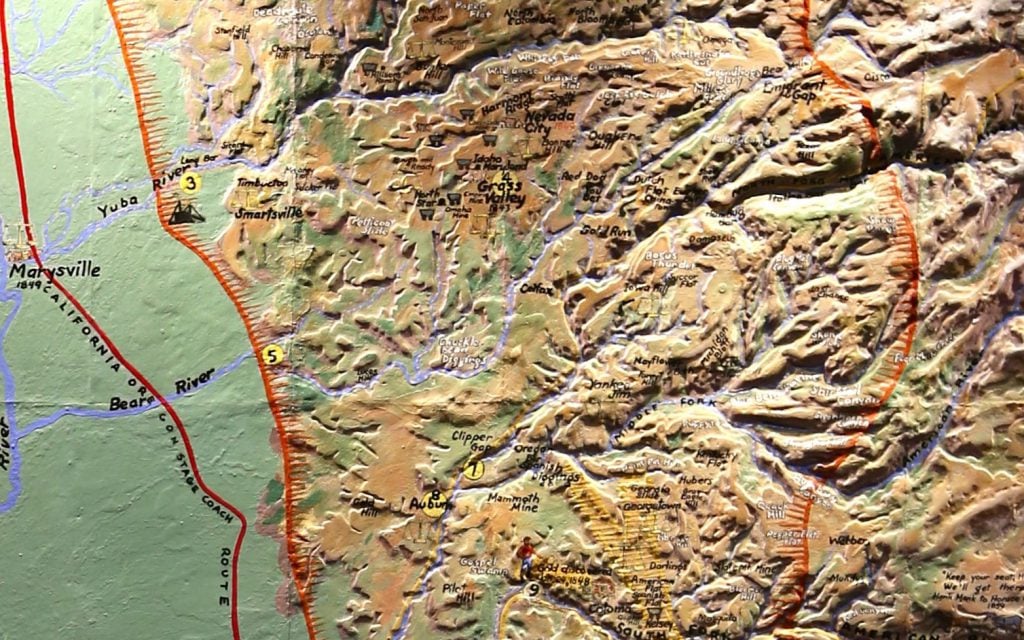 Detail of the California Gold Country Map focusing on Nevada City, Grass Valley, and Marysville.