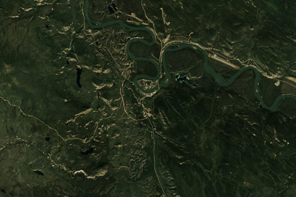 Satellite map view of the Carmacks Mine in the Yukon, Canada mined by the Dodge crew over Season 4 of the Gold Rush reality TV series from Discovery Channel.