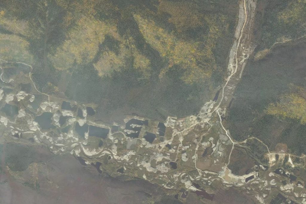 Satellite map view of the Indian River Mine in the Yukon, Canada mined by the Hoffman crew over Season 3 of the Gold Rush reality TV series from Discovery Channel.