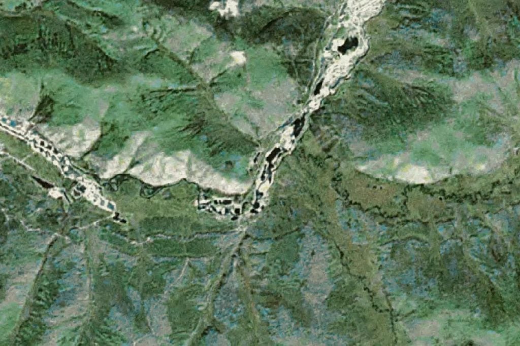 Satellite map view of the Scribner Creek Mine in the Yukon, Canada mined by the Parker Schnabel crew over Season 4 of the Gold Rush reality TV series from Discovery Channel.