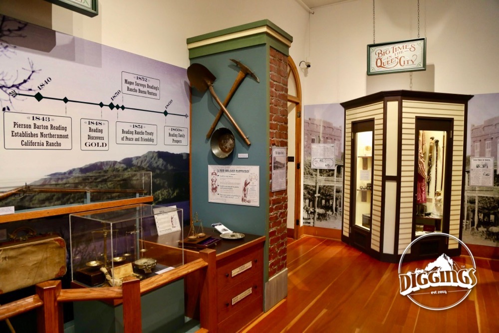 Mining artifacts on display inside the Courthouse Museum at the Shasta State Historic Park